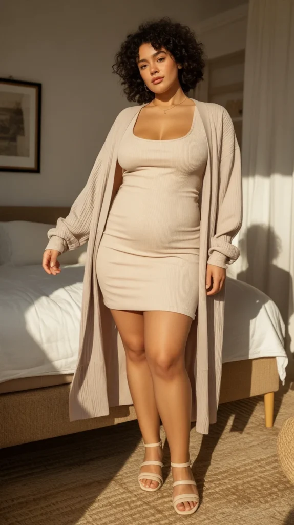 Curvy woman in beige dress, long cardigan, and strappy sandals, standing in a sunlit room with cozy decor.