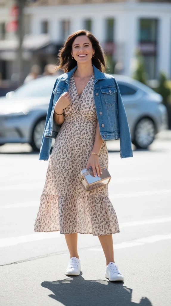 Vibrant woman in casual outfit ideas to look sophisticated with floral midi dress, sneakers, denim jacket, sunny street. 