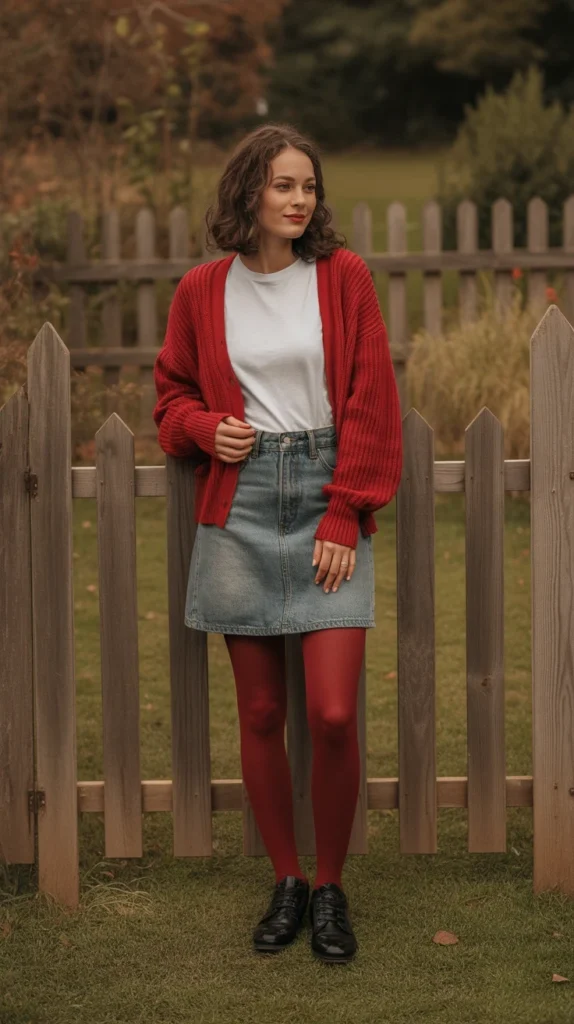 20 Stunning Red Outfit Ideas for Women: Looks to Inspire Your Wardrobe in 2025 16 Cozy woman in red cardigan with denim skirt and red tights, in a garden, great for red outfit cottagecore and evermore cardigan styles. (