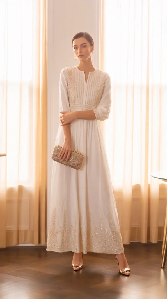 20 Classy Birthday Outfit Ideas for Women Over 30: Elegant and Chic Looks for Your Special Day 16 Sophisticated woman in white embroidered long dress with clutch, classy birthday outfit, white dress, elegant dresses, custom dresses