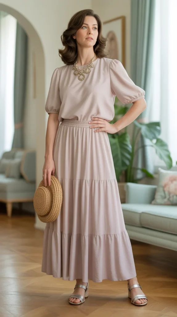 20 Classy Birthday Outfit Ideas for Women Over 30: Elegant and Chic Looks for Your Special Day 17 Poised woman over 30 in modest skirt top set with necklace and sandals, classy birthday outfit, long skirt, elegant dresses, modest outfits