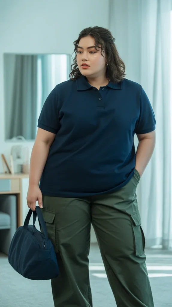Plus-size woman in navy polo shirt, dark green cargo pants, and bag, posing in a bright room with mirror.