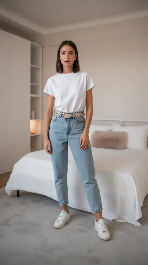 Simple woman in sophisticated casual outfit ideas with white tee, mom jeans, statement belt, sneakers, bright bedroom. 