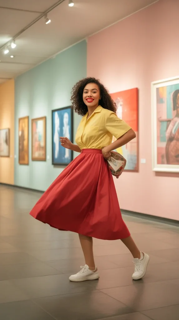 20 Stunning Yellow Outfit Ideas for Women: Chic, Casual & Cute Looks for Spring and Summer 2025 17 Vibrant woman in yellow shirt, red midi skirt, white sneakers, in art gallery, spring 2025 preppy style