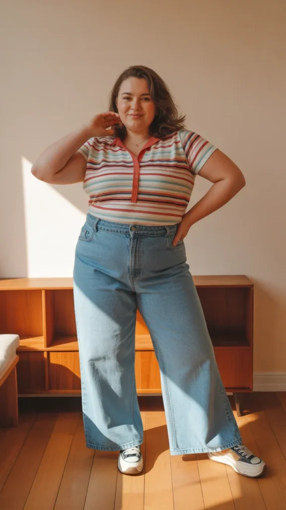 Midsize woman in multicolor striped top, wide-leg jeans, and sneakers, in a sunny room with wooden floor.