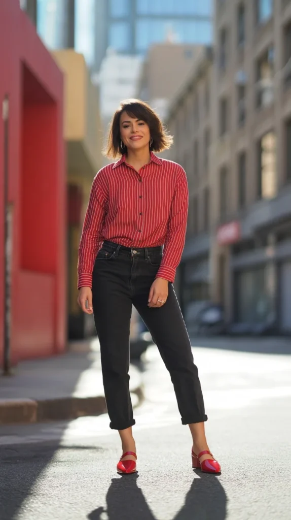 20 Stunning Red Outfit Ideas for Women: Looks to Inspire Your Wardrobe in 2025 18 Vibrant woman in red striped shirt with black jeans and red shoes, in an alley, perfect for striped long sleeve shirt outfit and red fits