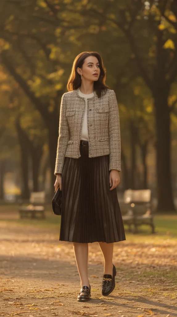 Classy woman in casual outfit ideas to look sophisticated with tweed jacket, pleated skirt, loafers, autumn park