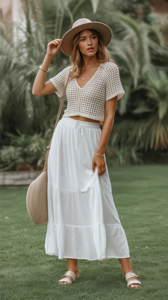 Free-spirited long white skirt outfit ideas with crochet top, flowy skirt, hat, sandals, garden vibe, Pinterest mode hippie fashion
