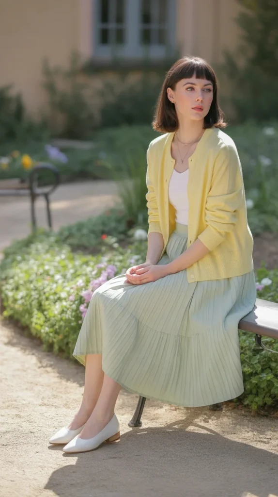 20 Stunning Yellow Outfit Ideas for Women: Chic, Casual & Cute Looks for Spring and Summer 2025 18 Chic woman in yellow floral dress, beige trench coat, ankle boots, near stone wall, spring 2025 vintage style