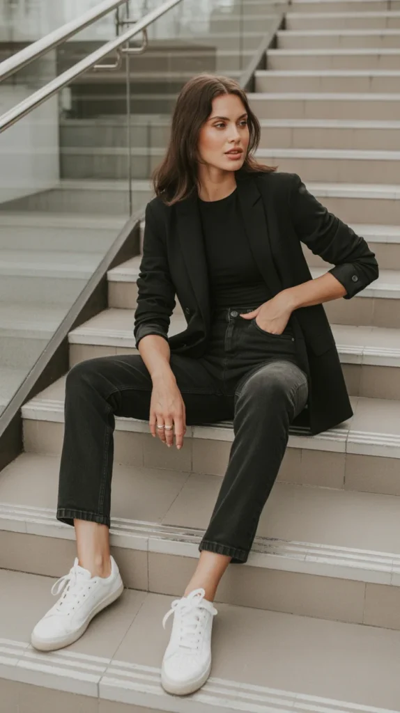 Sleek woman in sophisticated casual outfit ideas with all-black blazer, tee, jeans, white sneakers, modern staircase