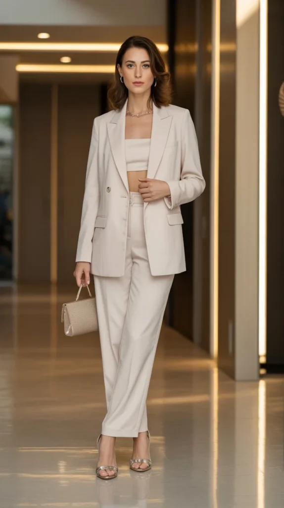 20 Classy Birthday Outfit Ideas for Women Over 30: Elegant and Chic Looks for Your Special Day 19 Polished woman over 30 in two-piece formal set with blazer and heels, classy birthday outfit, two piece dress, elegant dresses, evening event outfit