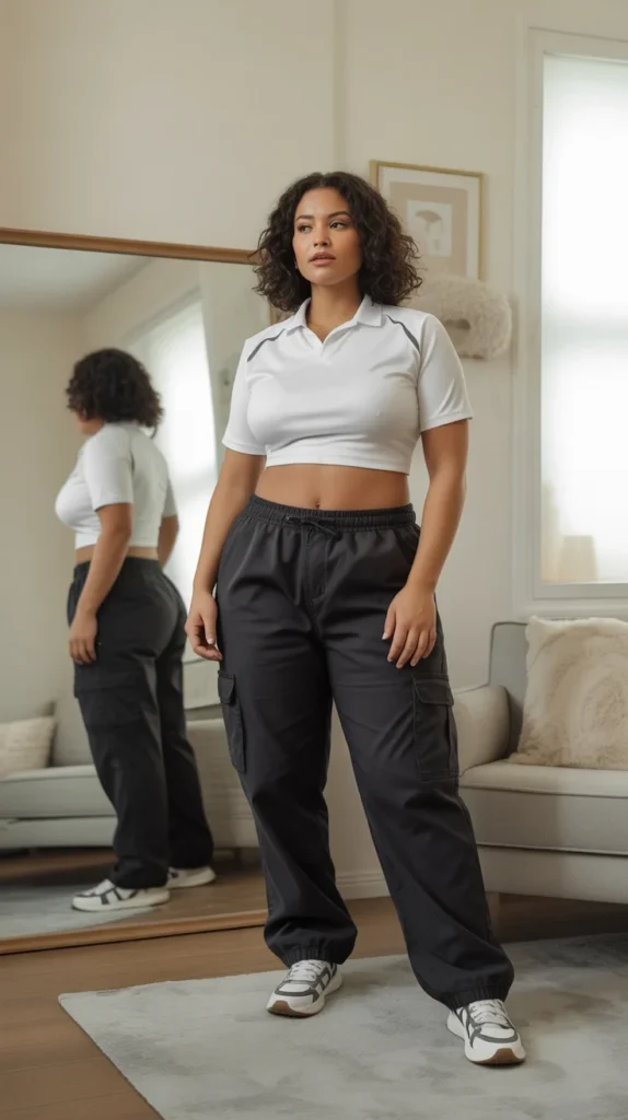 Curvy woman in white sports jersey, black cargo pants, and sneakers, posing in a bright room with mirror.