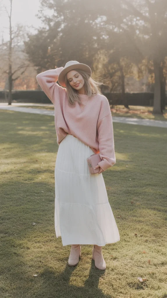 Cozy long white skirt outfit ideas with pink sweater, flowy skirt, boots, autumn park, Pinterest modest feminine outfit inspo