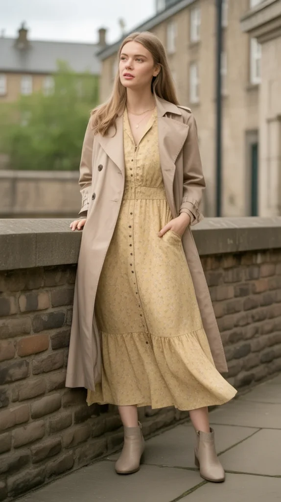 20 Stunning Yellow Outfit Ideas for Women: Chic, Casual & Cute Looks for Spring and Summer 2025 19 Chic woman in yellow floral dress, beige trench coat, ankle boots, near stone wall, spring 2025 vintage style.