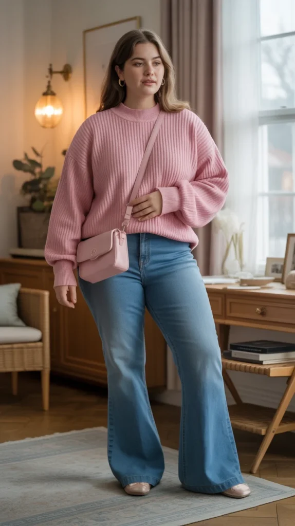 Plus-size woman in pink sweater, flared jeans, and small crossbody bag, in a cozy room with soft light.