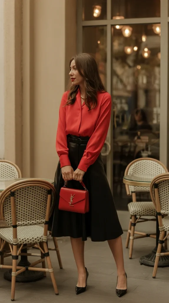 20 Stunning Red Outfit Ideas for Women: Looks to Inspire Your Wardrobe in 2025 20 : Luxurious woman in red blouse with black skirt and red YSL bag, in a café, ideal for red outfit women casual and looks party styles