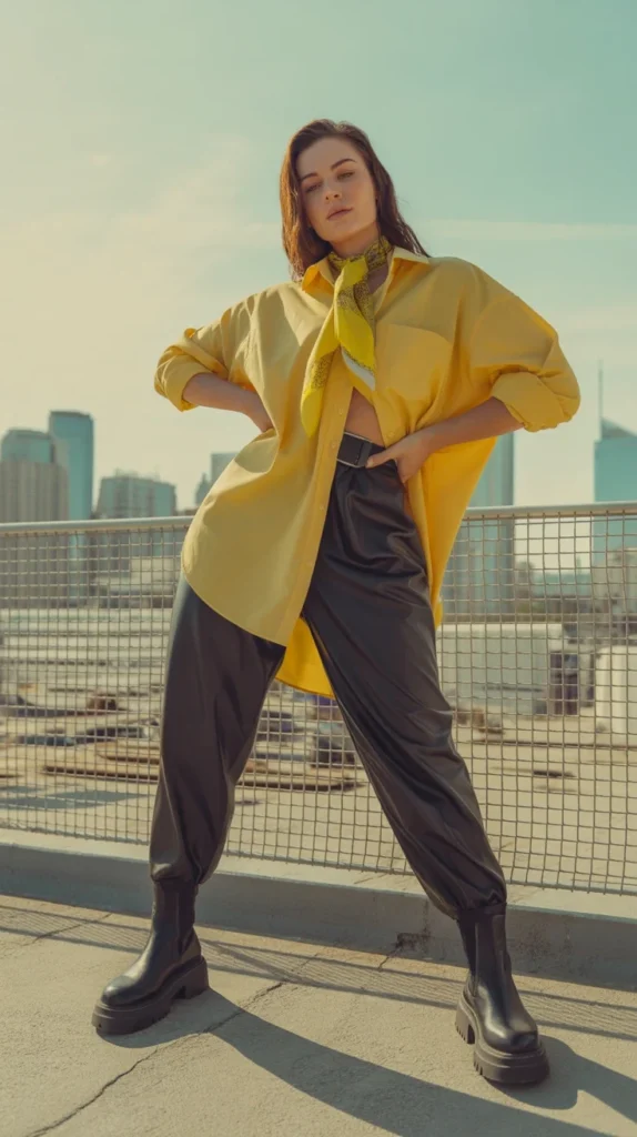 20 Stunning Yellow Outfit Ideas for Women: Chic, Casual & Cute Looks for Spring and Summer 2025 20 Edgy woman in yellow oversized shirt, black leather pants, chunky boots, on city rooftop, fall 2025 style