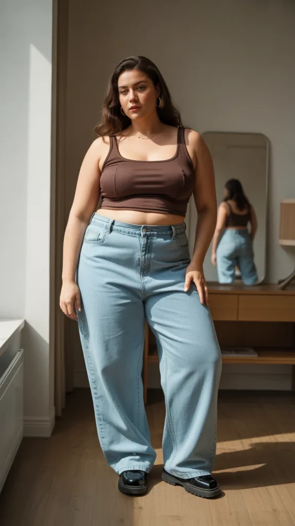  Midsize woman in brown crop top, light blue baggy jeans, and black shoes, in a sunlit room with mirror.