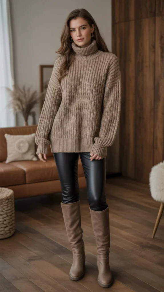 Warm woman in sophisticated casual outfit ideas with chunky knit sweater, leather leggings, boots, cozy room. 