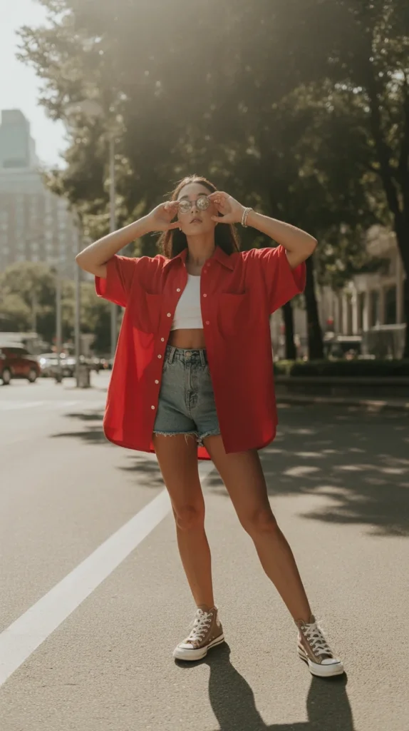 20 Stunning Red Outfit Ideas for Women: Looks to Inspire Your Wardrobe in 2025 21 Cool woman in red oversized shirt with denim shorts and Converse, in a park, perfect for Y2K outfit ideas street styles and street style clothing.