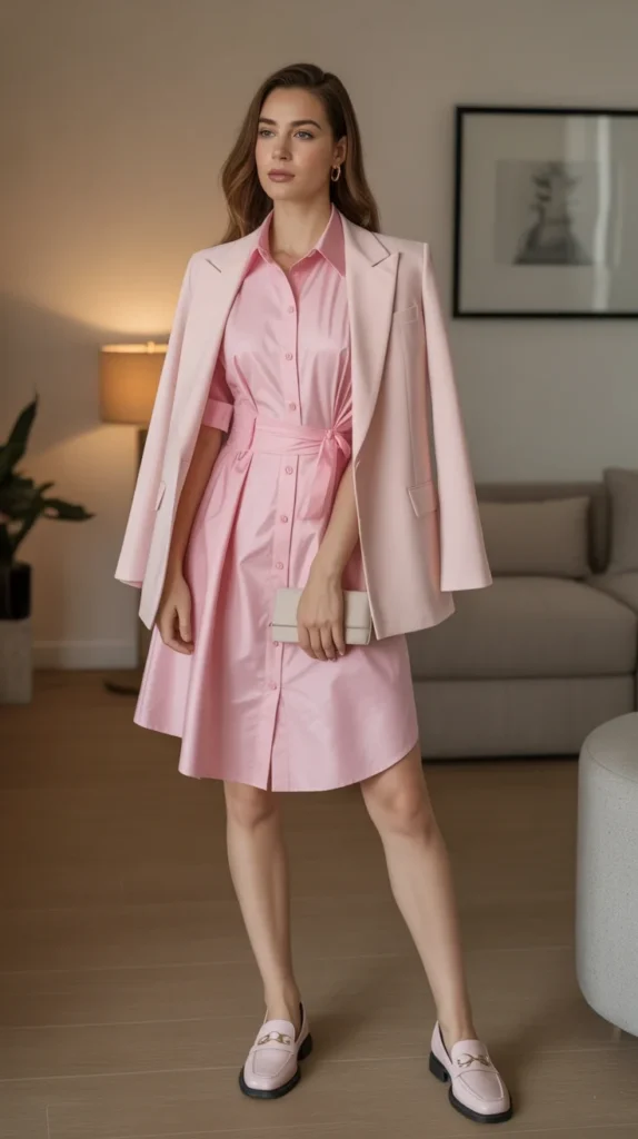 20 Classy Birthday Outfit Ideas for Women Over 30: Elegant and Chic Looks for Your Special Day 22 Refined woman in pink shirt dress with blazer and loafers, classy birthday outfit, pink shirt dress, elegant dresses, chic birthday outfits