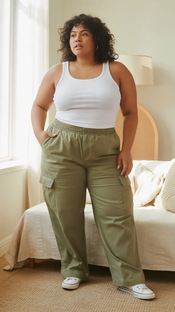 Curvy woman in white tank top, olive cargo pants, and white sneakers, standing in a bright room with window.