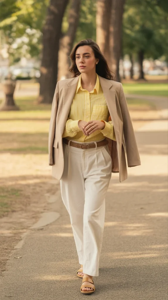 20 Stunning Yellow Outfit Ideas for Women: Chic, Casual & Cute Looks for Spring and Summer 2025 22 Sophisticated woman in yellow striped shirt, beige blazer, white trousers, in park, summer 2025 European look