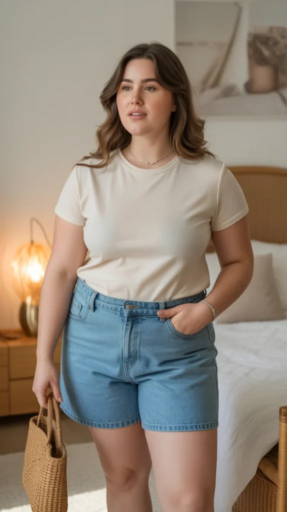 Plus-size woman in cream t-shirt, high-rise denim shorts, and woven bag, in a sunny bedroom with cozy bed.