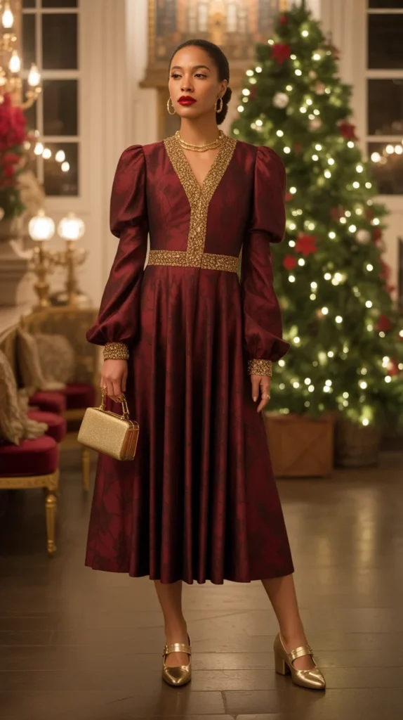 20 Classy Birthday Outfit Ideas for Women Over 30: Elegant and Chic Looks for Your Special Day 23 Luxurious woman over 30 in old money holiday dress with gold accessories, classy birthday outfit, old money dress, elegant dresses, evening event outfit