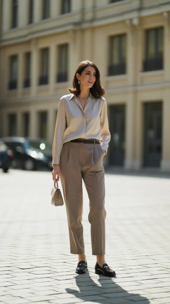 Refined woman in sophisticated casual outfit ideas with tailored trousers, silk blouse, loafers, urban courtyard