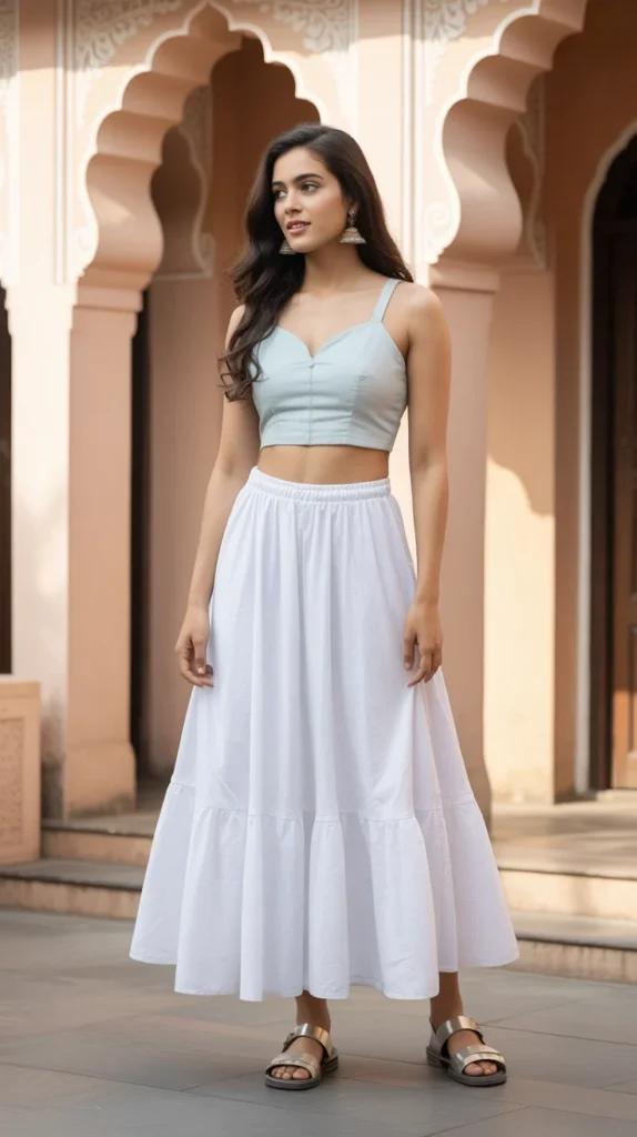 Sweet long white skirt outfit ideas with blue crop top, flowy skirt, sandals, Indian courtyard, Pinterest modest girly fashion