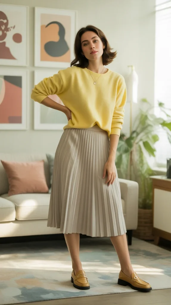 20 Stunning Yellow Outfit Ideas for Women: Chic, Casual & Cute Looks for Spring and Summer 2025 23 Trendy woman in yellow sweater, pleated midi skirt, tan loafers, in bright living room, spring 2025 style
