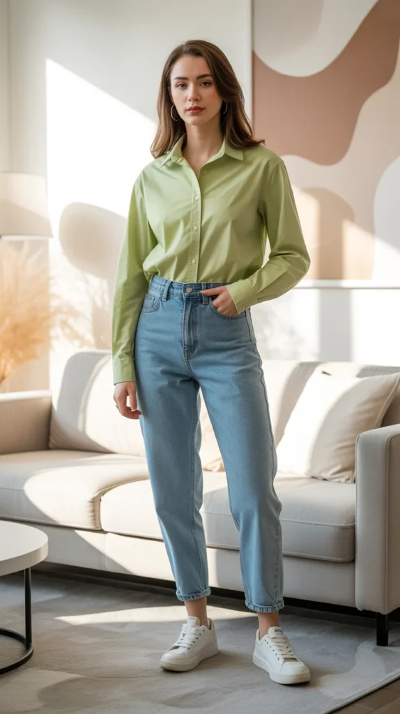 20 Chic Green Shirt Outfit Ideas for Women: Stylish Looks for Work and Casual Vibes 4 0001 1 1 light green button up shirt with high Xdc8iy5iRICTk6DfUBf KQ KQ0eJkmRRgCcqt lUTIzMQ