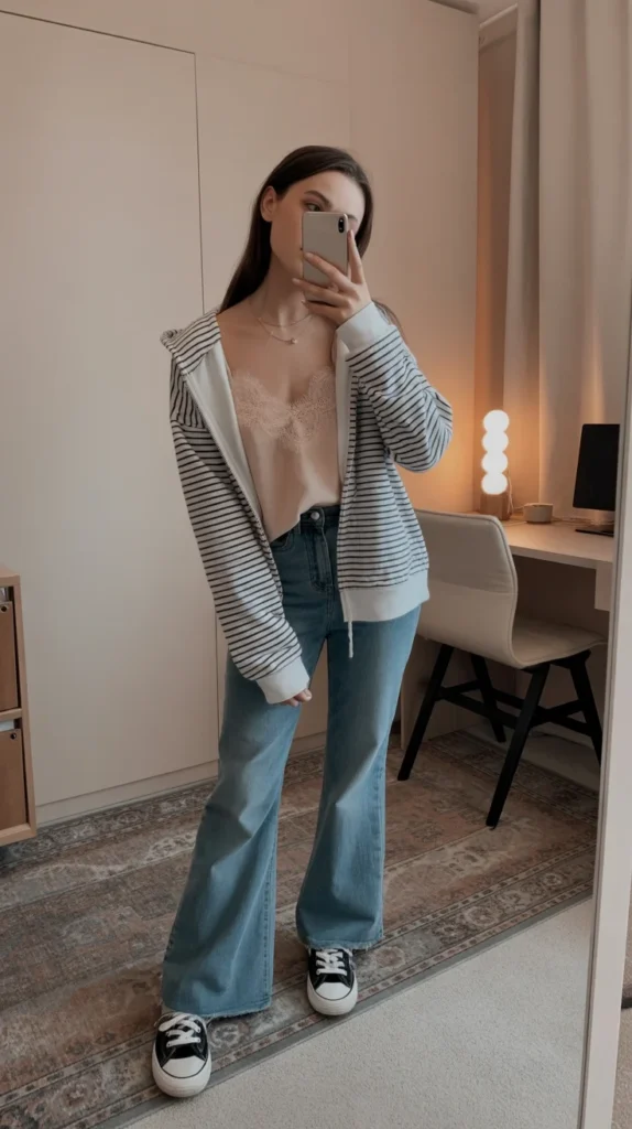 How to Style Flared Jeans: 20 Flared Jeans Outfit Ideas for Stylish Women 4 0001 1 striped hoodie with lace camisole and bl wBzbxmwgQiOIIGyulX gEQ j n8Bb4LQAi9aQX0vwqMYg