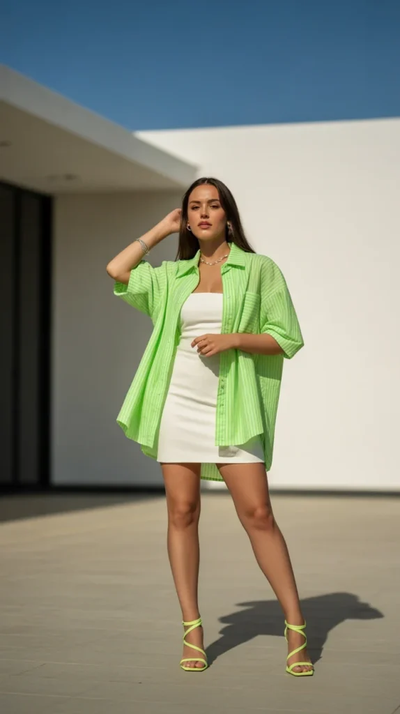 20 Neon Outfit Ideas: What to Wear to Brunch, Beach Parties, Bachelorettes & More 5 0002 1 2 neon lime green striped shirt over whi DRXY2ORhSAuoJyVvOtAjxA KbCp3jMgQdeGQjCuyF73yw