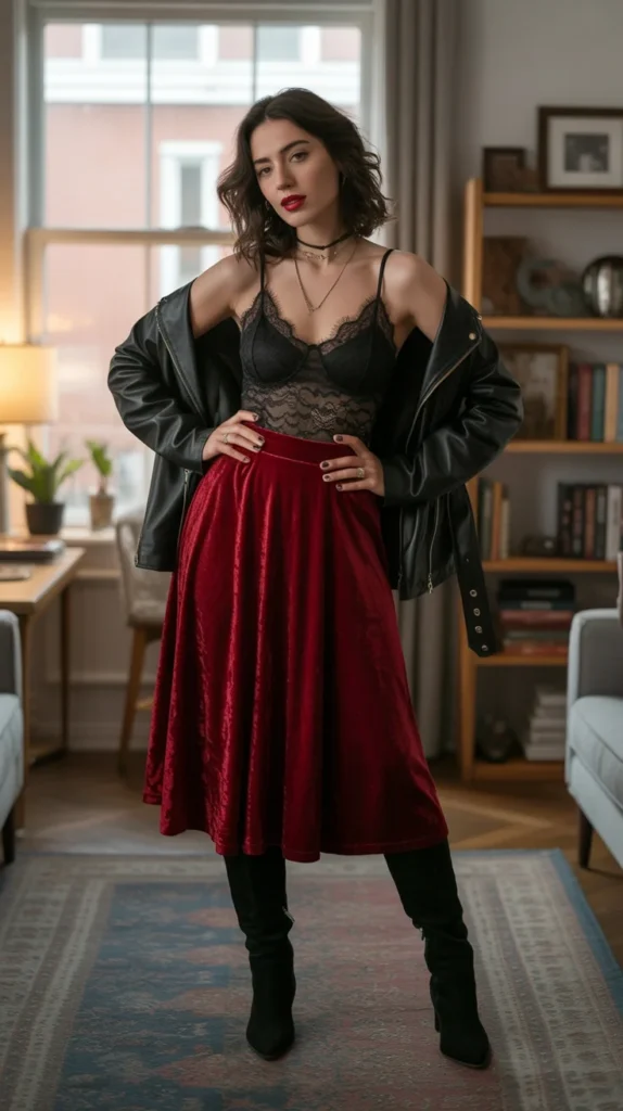 20 Types of Red Skirt Outfit Ideas for Chic, Casual & Trendy Looks 5 0002 1 2 red velvet midi skirt with black lace HoGHA9rQkynu2Cr0GlxTQ mcVLnQUoQlKaj0rSxZOk8Q