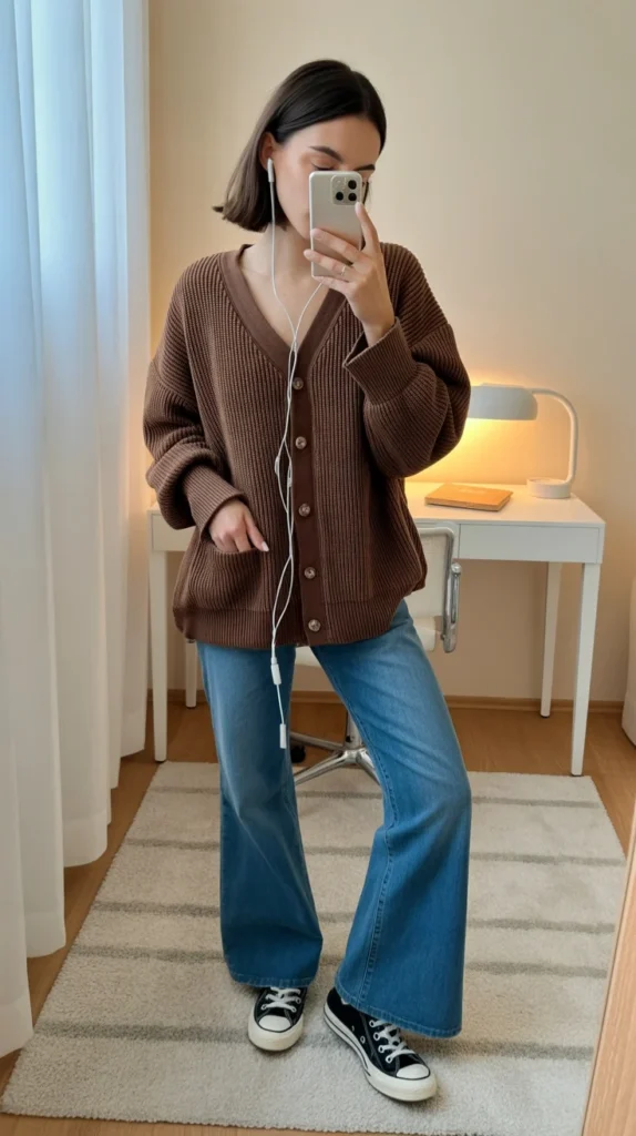 How to Style Flared Jeans: 20 Flared Jeans Outfit Ideas for Stylish Women 5 0002 1 brown button up cardigan with white earb ZPkoVgogSAChwVenSR5N2Q MkRYP8Q1SBCYmwozT7 koA