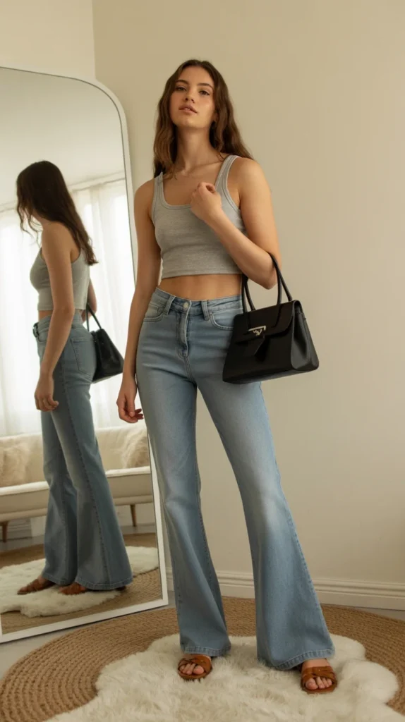How to Style Flared Jeans: 20 Flared Jeans Outfit Ideas for Stylish Women 6 0003 1 gray crop top with black handbag and woo XYEoAkW Qy dZJyxDQ3QHg cbQVLAKDRGeRsxMZOWkPqg