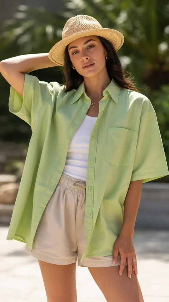20 Chic Green Shirt Outfit Ideas for Women: Stylish Looks for Work and Casual Vibes 7 0004 1 4 oversized light green shirt with beige m6OCENgbTYKTb3ZlkHPa A IXgkbKoST8SOpfTIJJ8rTg