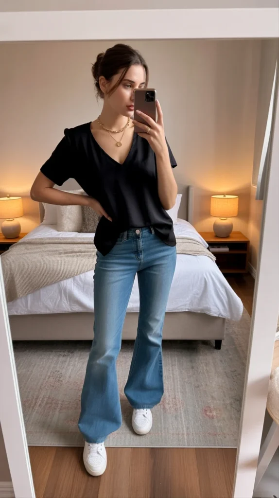 How to Style Flared Jeans: 20 Flared Jeans Outfit Ideas for Stylish Women 7 0004 1 black v neck top with gold necklace and wsdEQtJyQ1WG4t5sUVVNNA 5jaOeG7VSeaobbvl mik9A