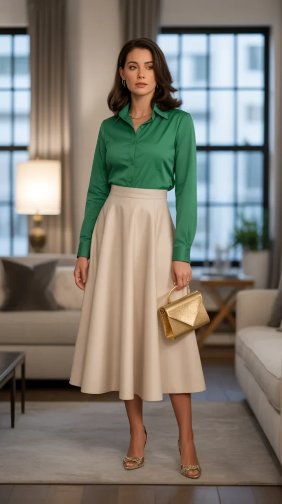20 Chic Green Shirt Outfit Ideas for Women: Stylish Looks for Work and Casual Vibes 8 0005 1 5 green long sleeve shirt with cream mid vUs7t6d QLa0To6mKRXqEg ei3tKxw1QLSJEgRdfiz9pw