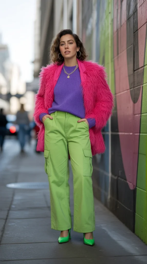20 Neon Outfit Ideas: What to Wear to Brunch, Beach Parties, Bachelorettes & More 8 0005 1 5 neon green cargo pants with purple swe LKv52VrNSVWIrFcxP9sg5A 73Z2XqMRiaGv1P3KXWqrQ