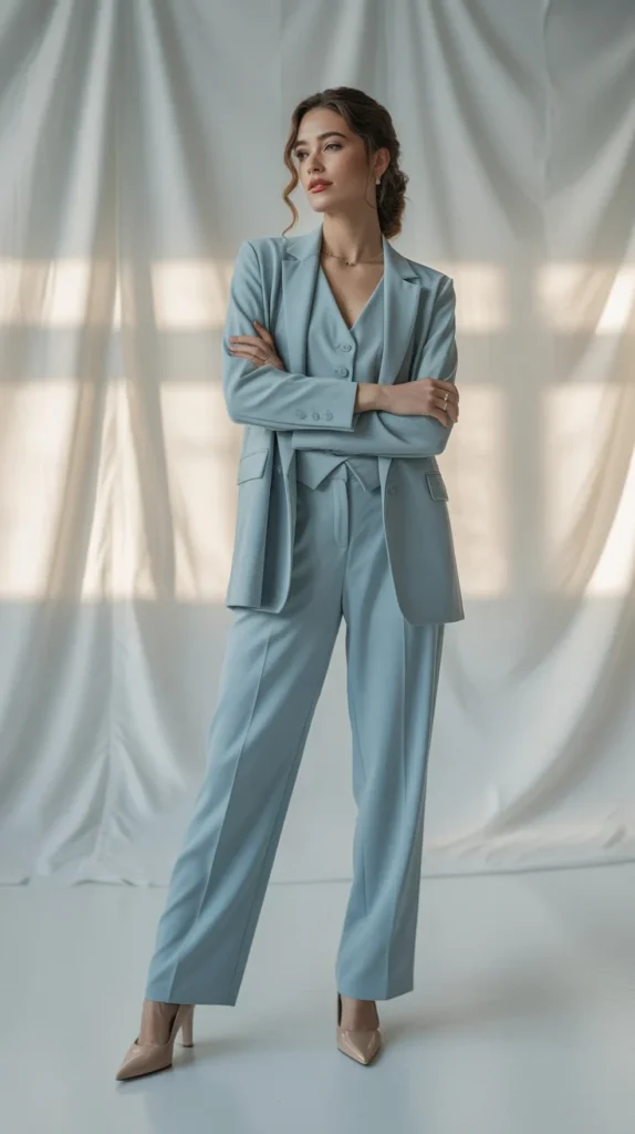 20 Elegant Pantsuits for Women to Wear as Wedding Guests: Dressy & Evening Outfit Ideas 8 0005 1 5 pastel blue three piece pantsuit with VhXjKu9jQo2QE1YtJDGhYQ fM36C7ITMGzDF09ENjh4g