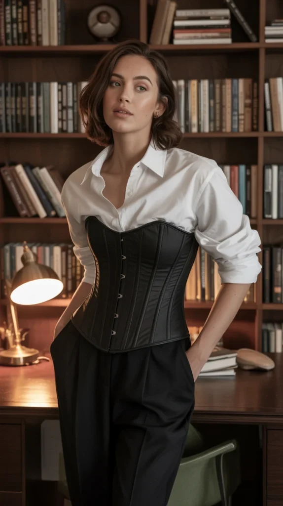 How to Style Black Corset Outfits - 20 Black Corset Outfit Ideas to Elevate Your Wardrobe 9 0006 1 6 black corset with layered white button HnFvaKcRRHC Vm6EKe uWg 798hgDZBQAW9Y4513sll5g