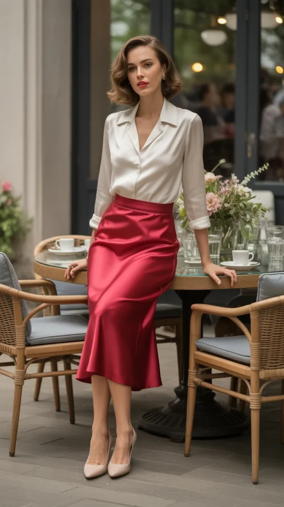 20 Types of Red Skirt Outfit Ideas for Chic, Casual & Trendy Looks 9 0006 1 6 red satin midi skirt with white silk b 9b8ICddvQ2yyi2JwGPK7Iw 3PgOd 0GSomJaYTJ2RSlkQ