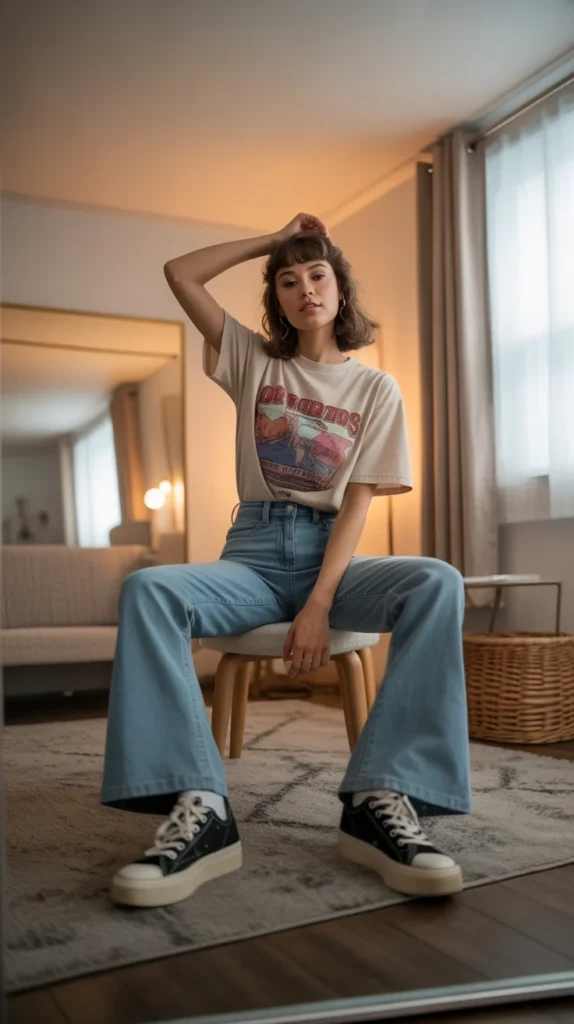 How to Style Flared Jeans: 20 Flared Jeans Outfit Ideas for Stylish Women 9 0006 1 graphic t shirt with bell bottom jeans a cHku1ZQ3QF6kv15s Qf6UQ kcMPVW OTXOHEkWYQCWU2Q
