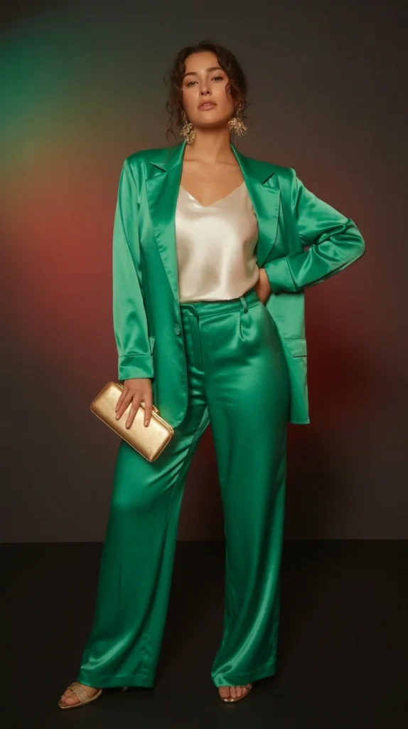20 Elegant Pantsuits for Women to Wear as Wedding Guests: Dressy & Evening Outfit Ideas 10 0007 1 7 emerald green satin pantsuit with gold Ebd4gYFgRMaZYxMRd0VNuQ QJRSzZmqQ W ctHO0dcmeg