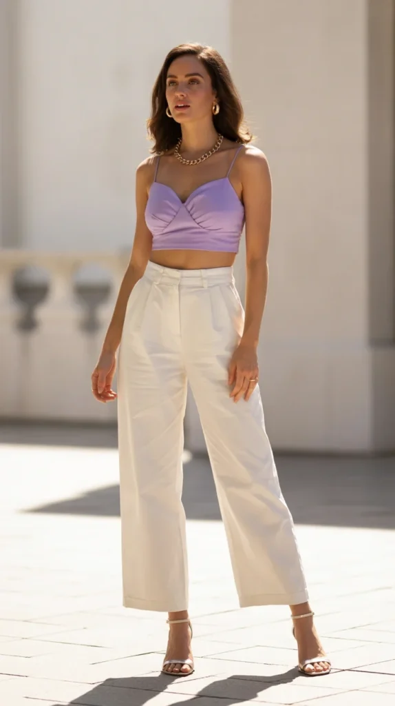 How to Style a Purple Crop Top Outfit: 20 Trendy Purple Top Outfit Ideas to Enhance Your Look 10 0007 1 7 lilac crop top with high waisted white K gKwXPUSuy4YUYEzf3tng qYTpdyczRIabJkQSCvlm7g
