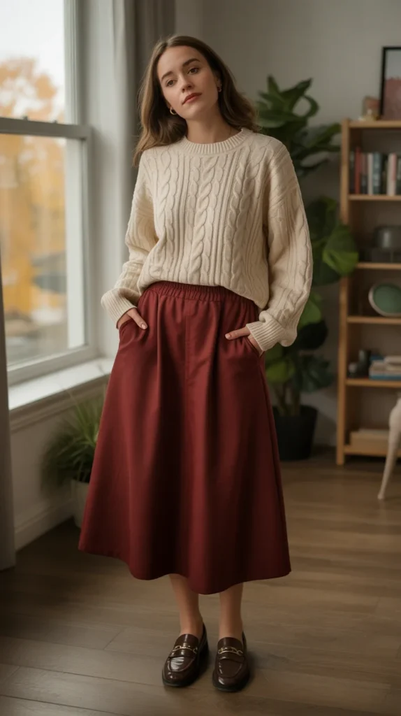 20 Types of Red Skirt Outfit Ideas for Chic, Casual & Trendy Looks 11 0008 1 8 dark red midi skirt with cream cable k ZAsaozUVRRKwc9di55DsgQ WQR2 1RQTuyEdEFqMgqfTw