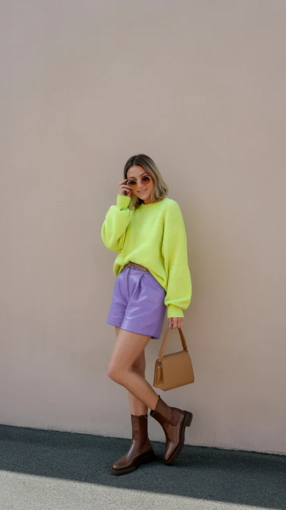 20 Neon Outfit Ideas: What to Wear to Brunch, Beach Parties, Bachelorettes & More 11 0008 1 8 neon yellow sweater with purple shorts pcOn6IodRiWn5BWkbI4qRg DM sv8t3TyuPcunj6 FhSw